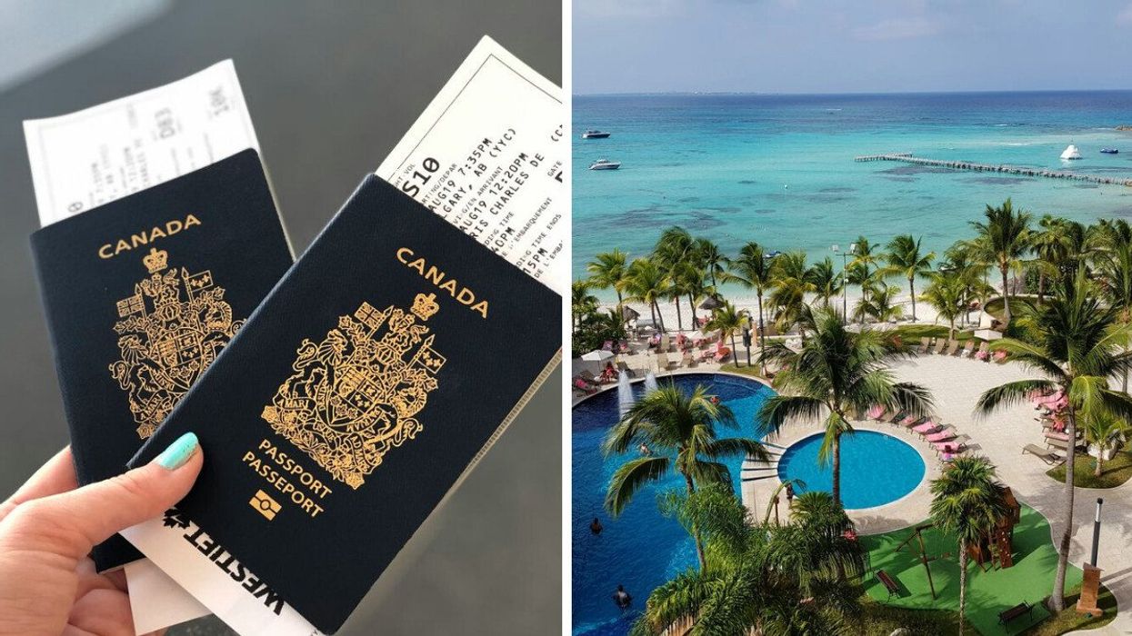 A person holds Canadian passports and boarding passes. Right: Pools and a beach seen at a resort in Mexico.