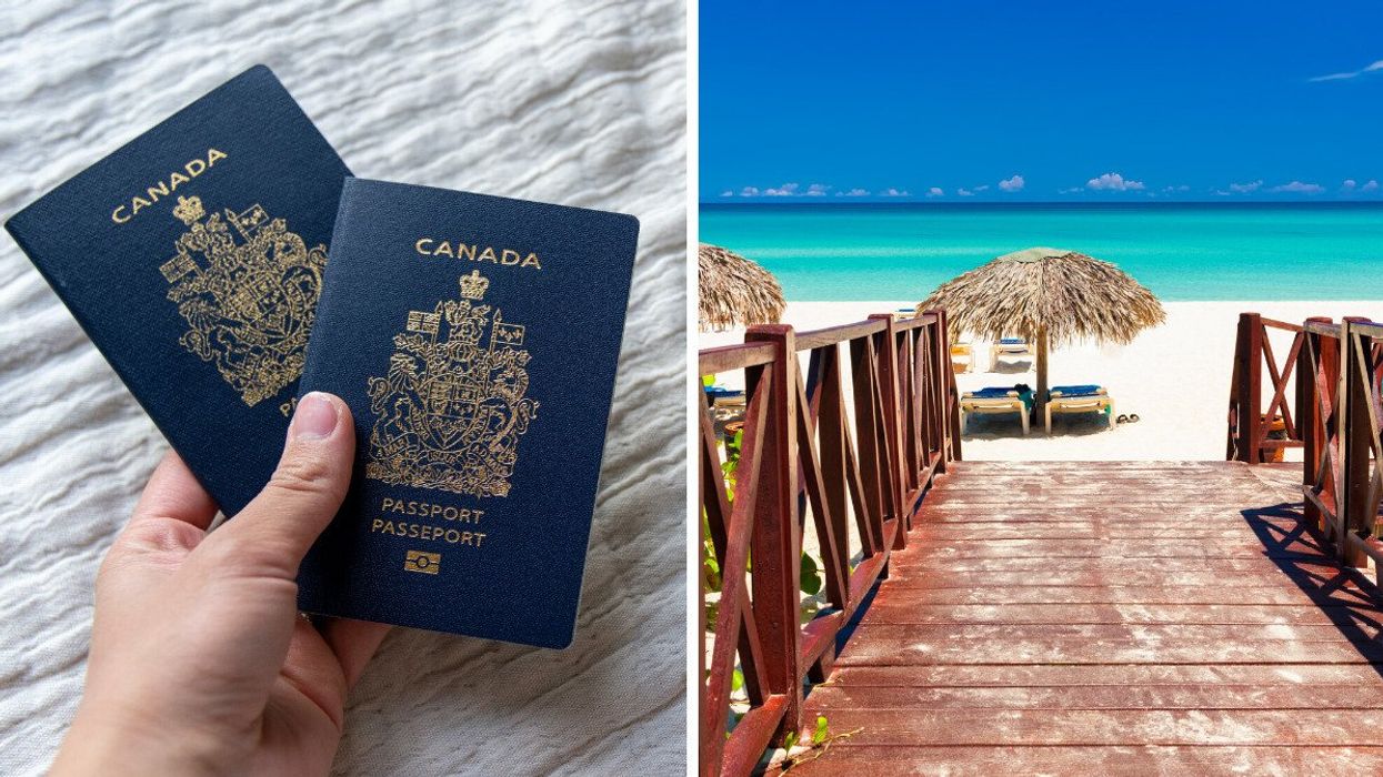 A person holds Canadian passports. Right: A beach in Cuba.