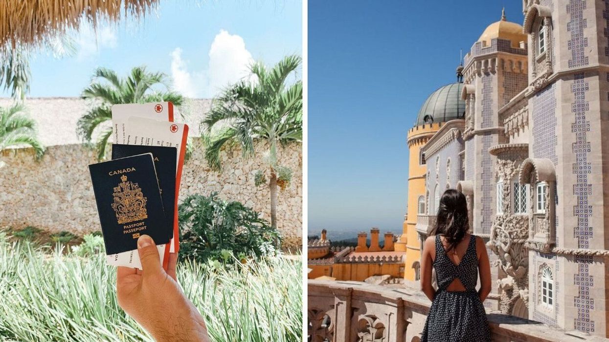 A person holds Canadian passports. Right: A person in Portugal.