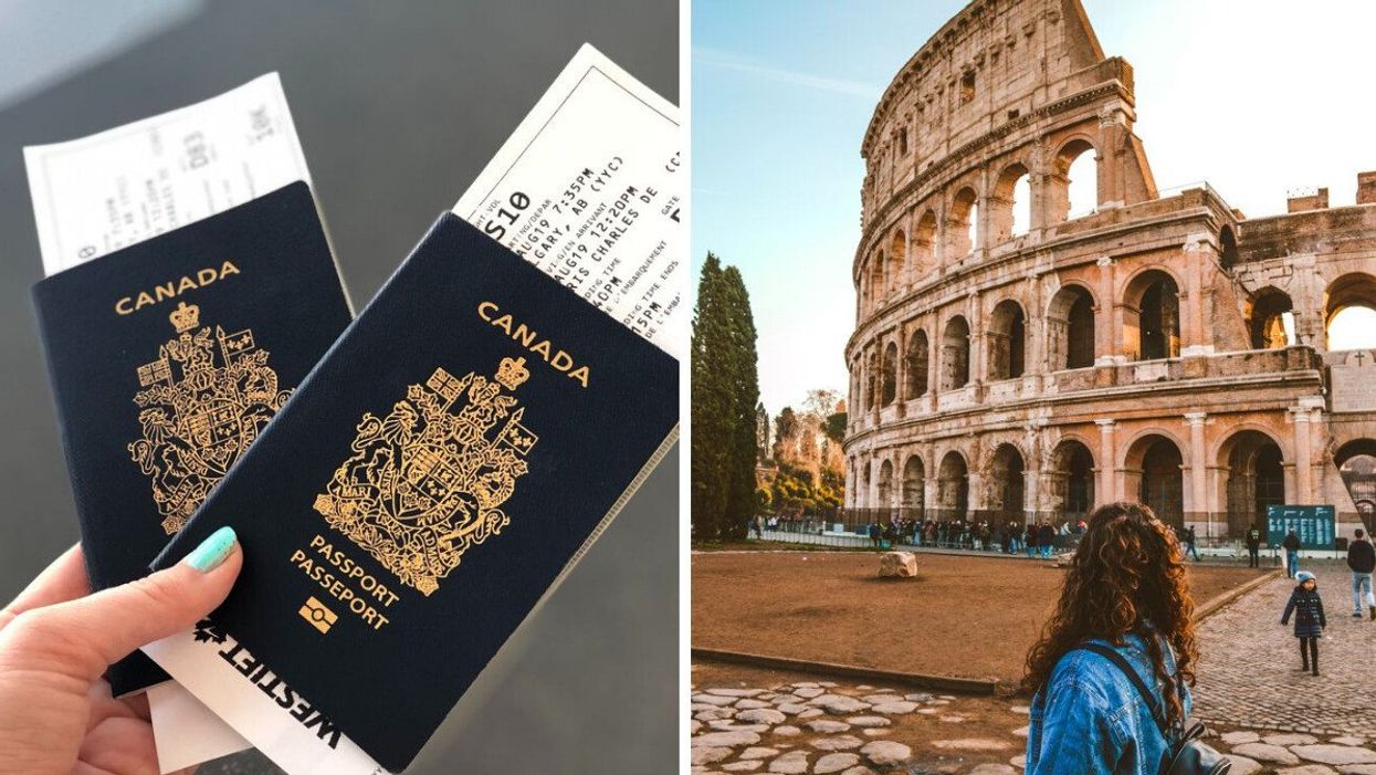 A person holds Canadian passports. Right: A woman at the Colosseum in Rome, Italy.