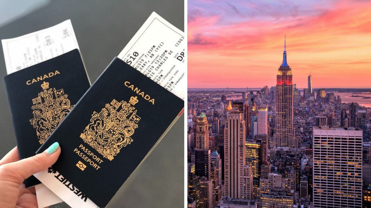 A person holds Canadian passports. Right: The skyline of New York City.
