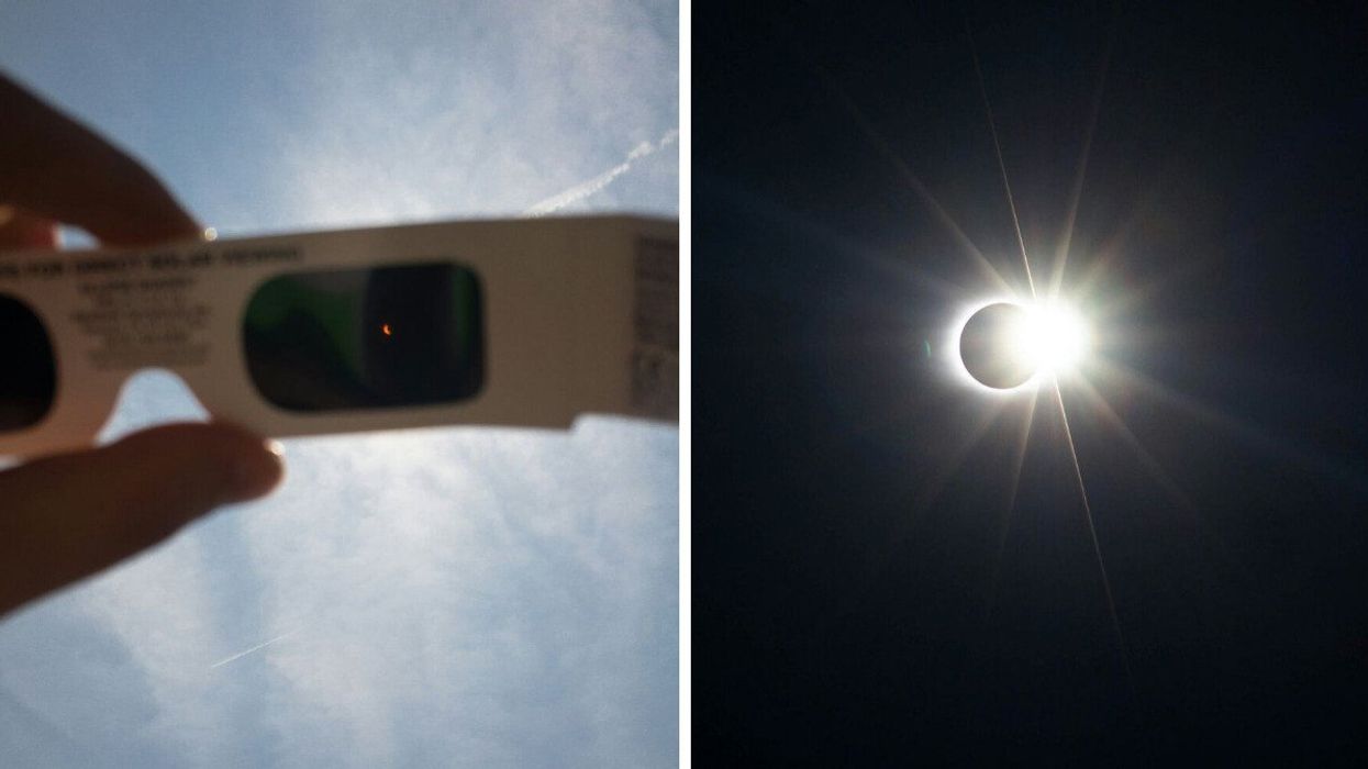 A person holds eclipse glasses. Right: A solar eclipse.