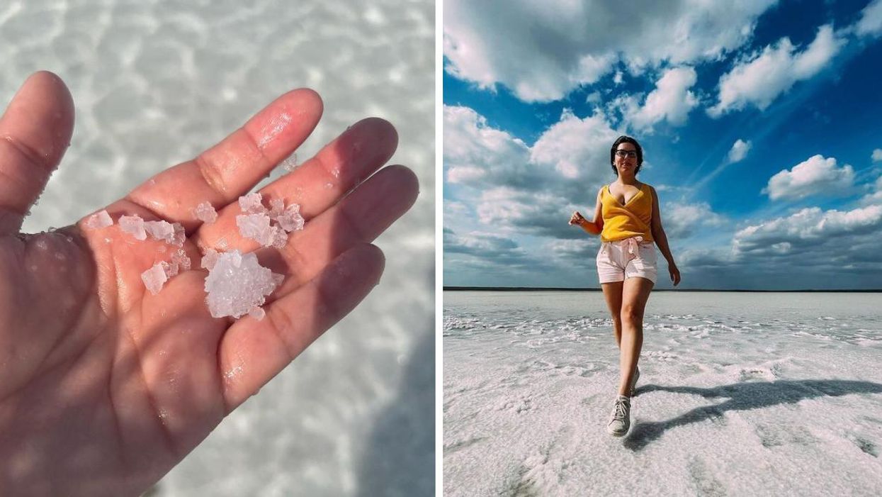 A person holds salt crystals from La Sal del Rey. Right: A woman walks on the salt beach of La Sal del Rey.