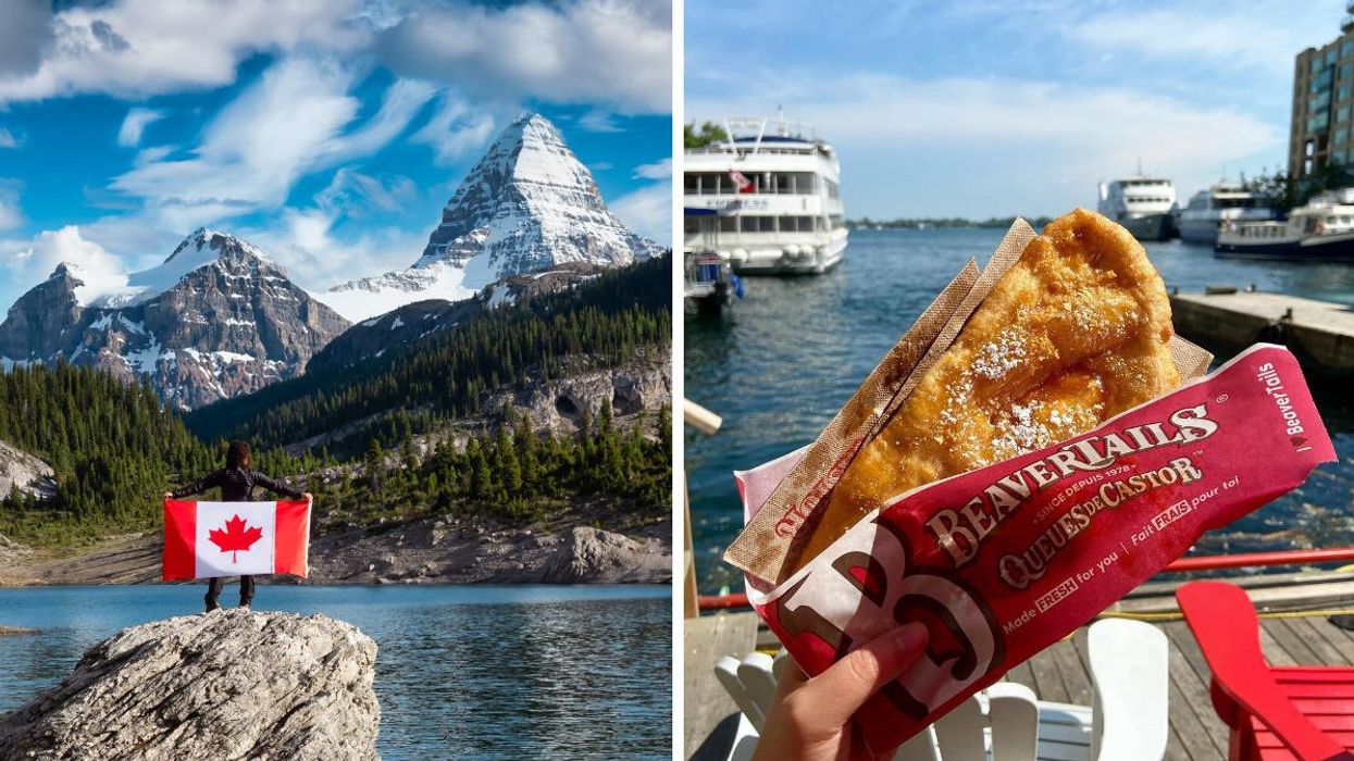 A person holds the Canadian flag at a park in Alberta. Right: A person holds a BeaverTail in Toronto.