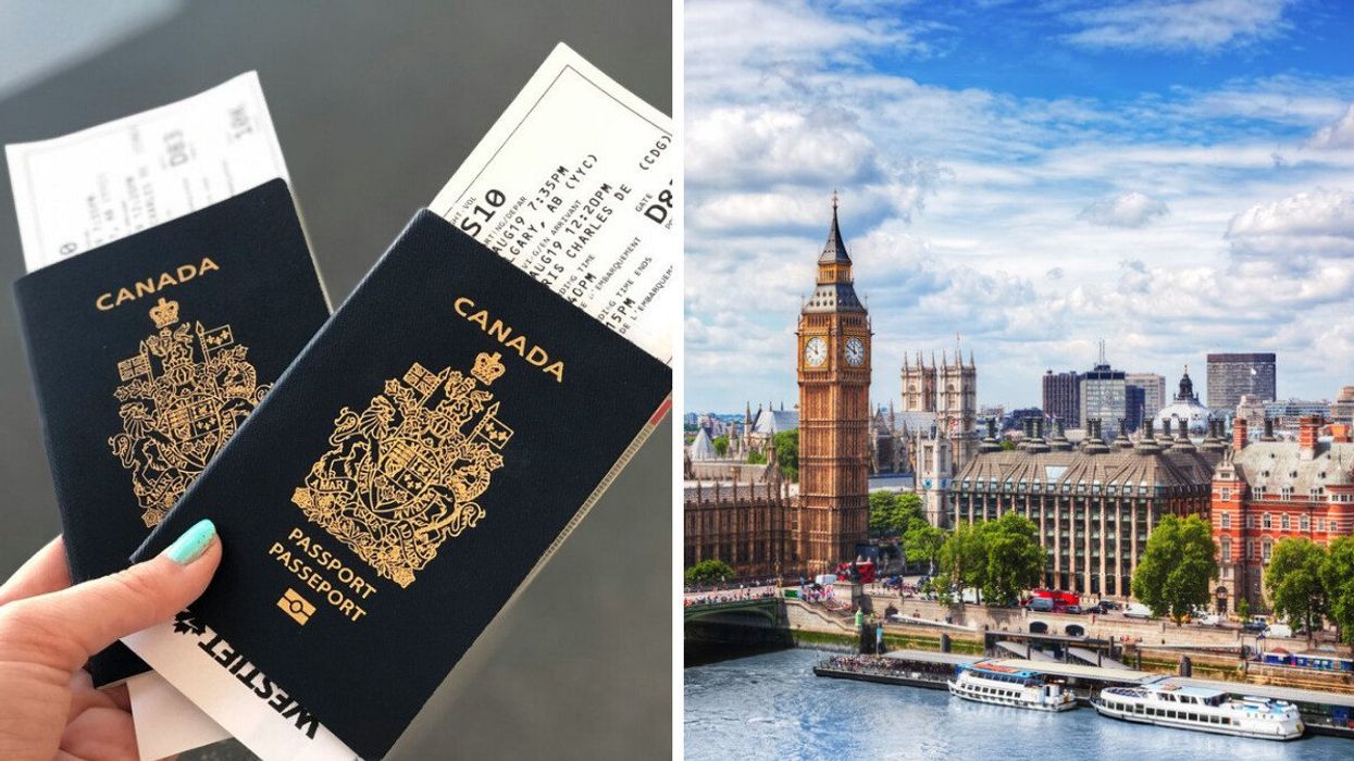A person holds two Canadian passports and boarding passes. Right: The Houses of Parliament in London, England.