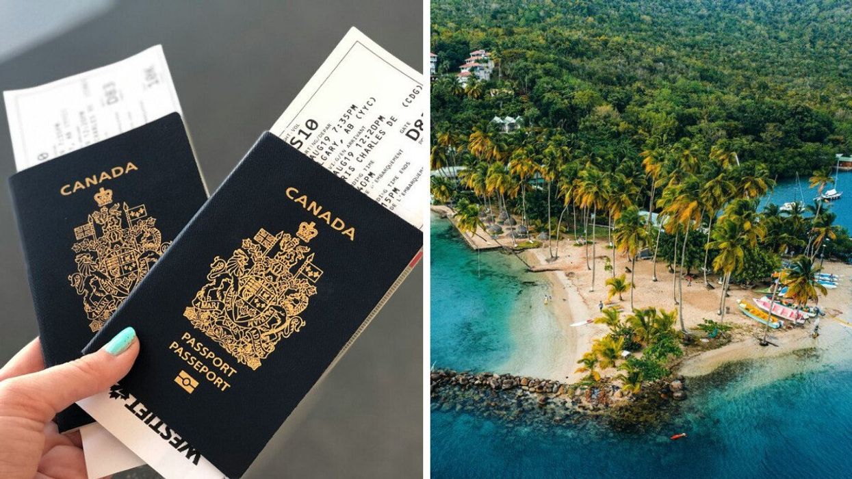 A person holds two Canadian passports. Right: A sandy beach with blue water is seen in St. Lucia.