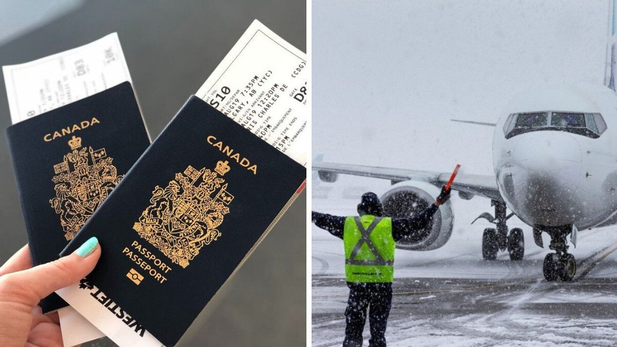 A person holds two Canadian passports with boarding passes. Right: A person directs a plane on a snowy runway.