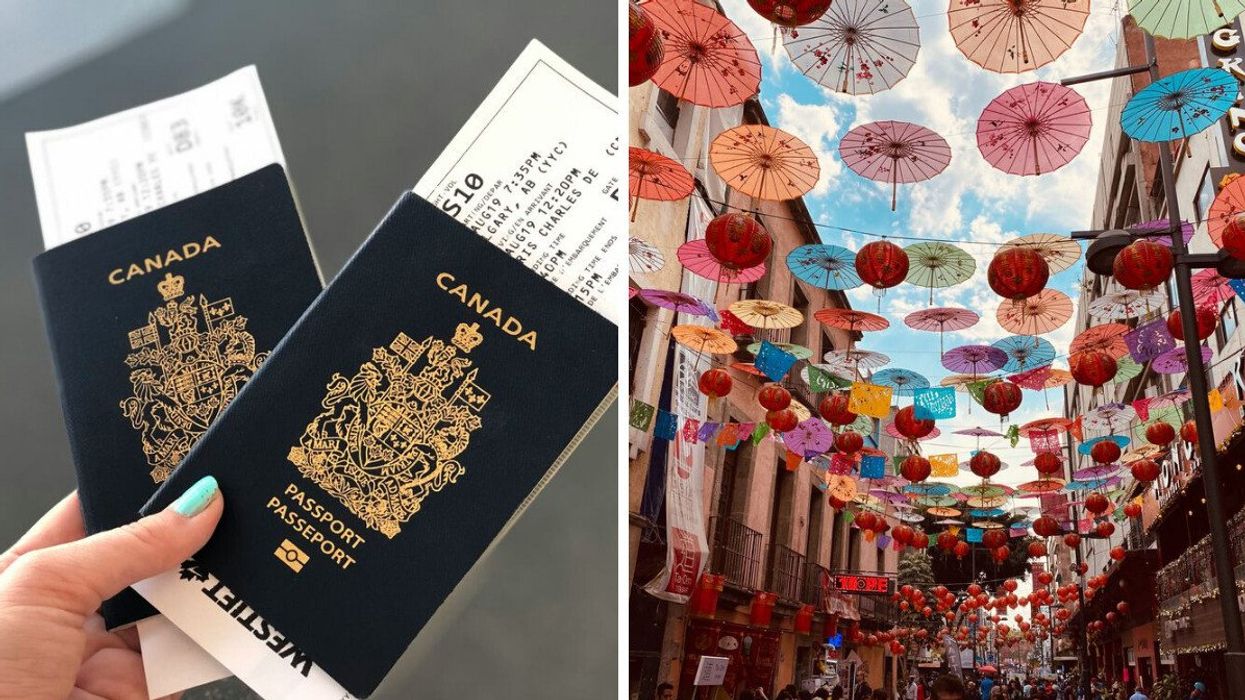 A person holds two Canadian passports with boarding passes. Right: A street lined with hanging umbrellas and lanterns is seen in Mexico.