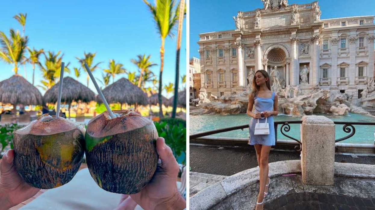 A person holds two coconuts in front of palm trees in Punta Cana. Right: A woman poses at the Trevi Fountain in Rome.