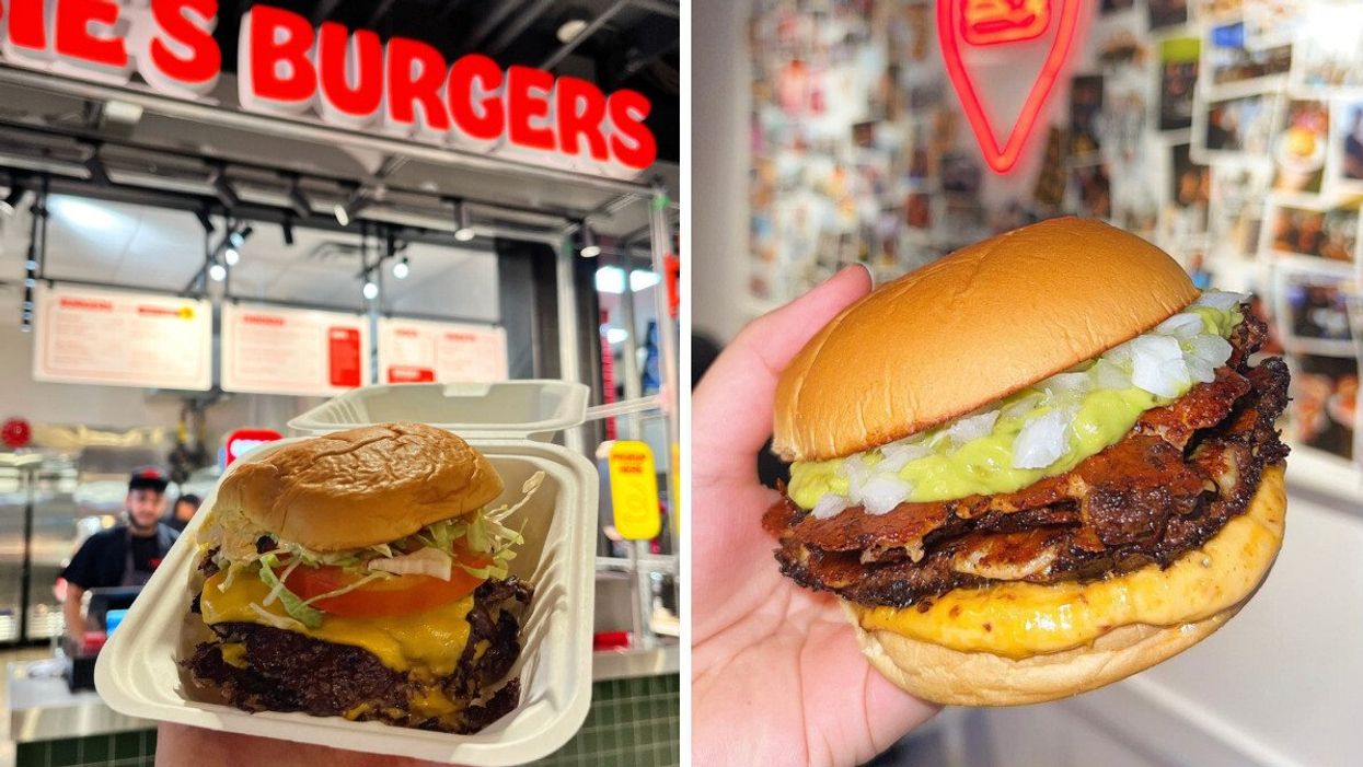 A person holds up a smash burger in front of a Rosie's Burgers sign. Right: A hand holds a giant smash burger.