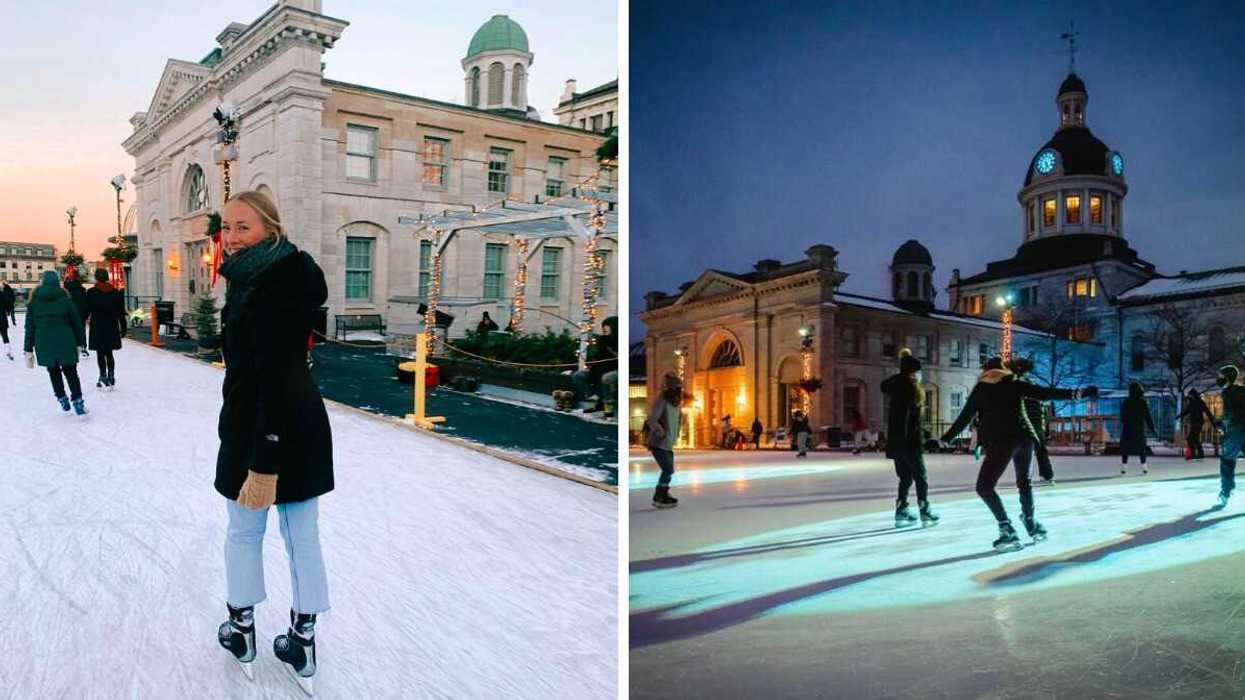 A person ice skating. A skating rink at night.