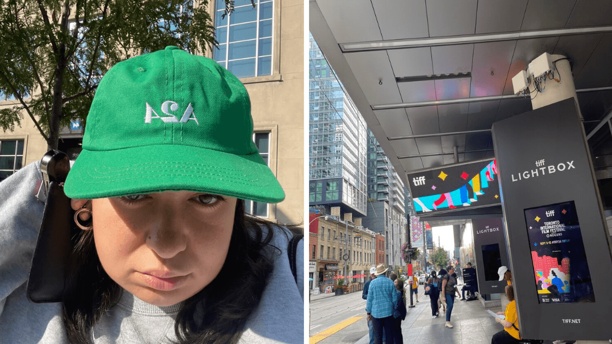 A person in a A24 hat. Right: The streets of Toronto