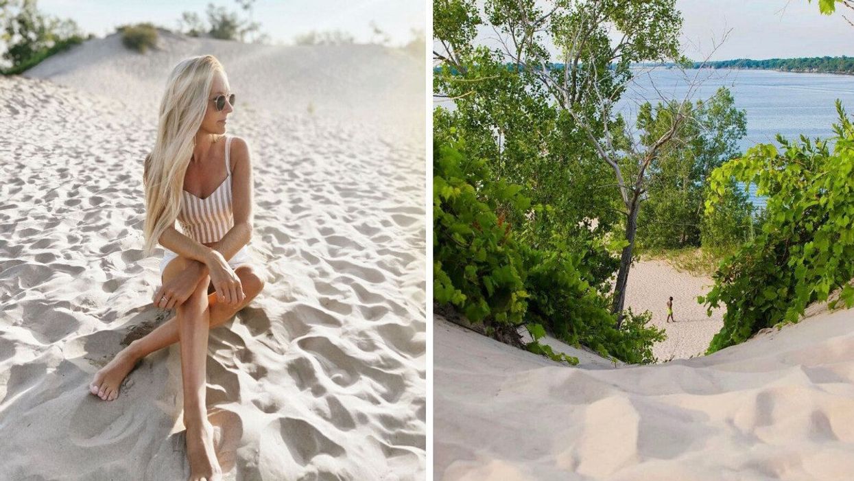 A person in a bathing suit sitting on a beach. Right: A person walking on a beach.