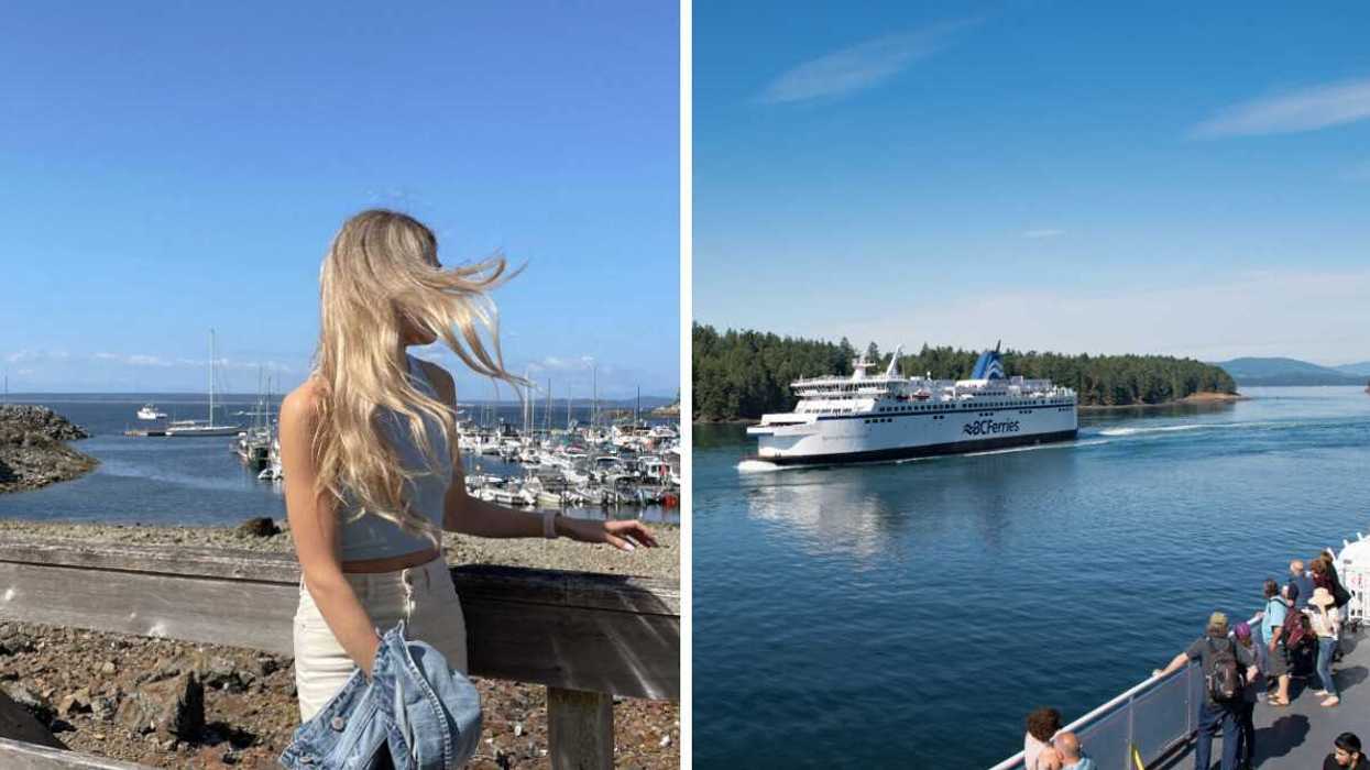 A person in a BC town. Right: BC Ferries boat.