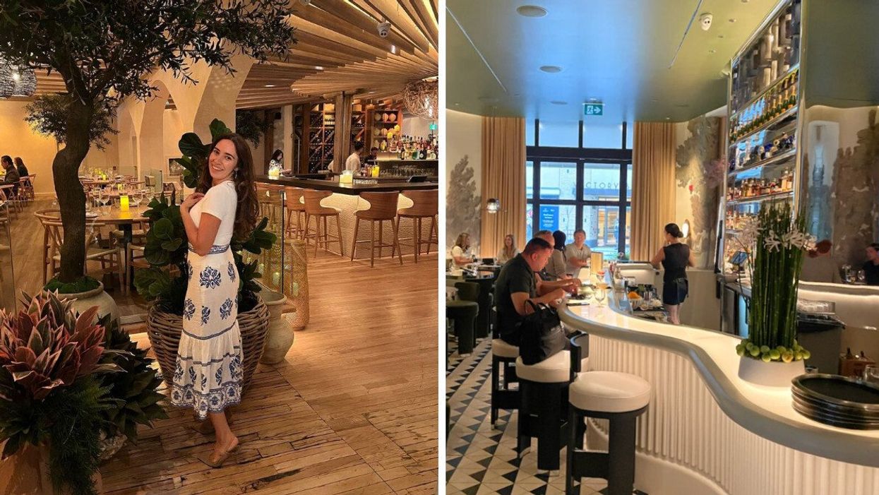 A person in a blue and white skirt at a Greek restaurant in Toronto. Right: A bar with green ceilings, and white stools.