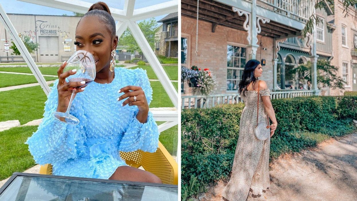 A person in a blue dress drinking wine. Right: A person in a dress by a historic building.
