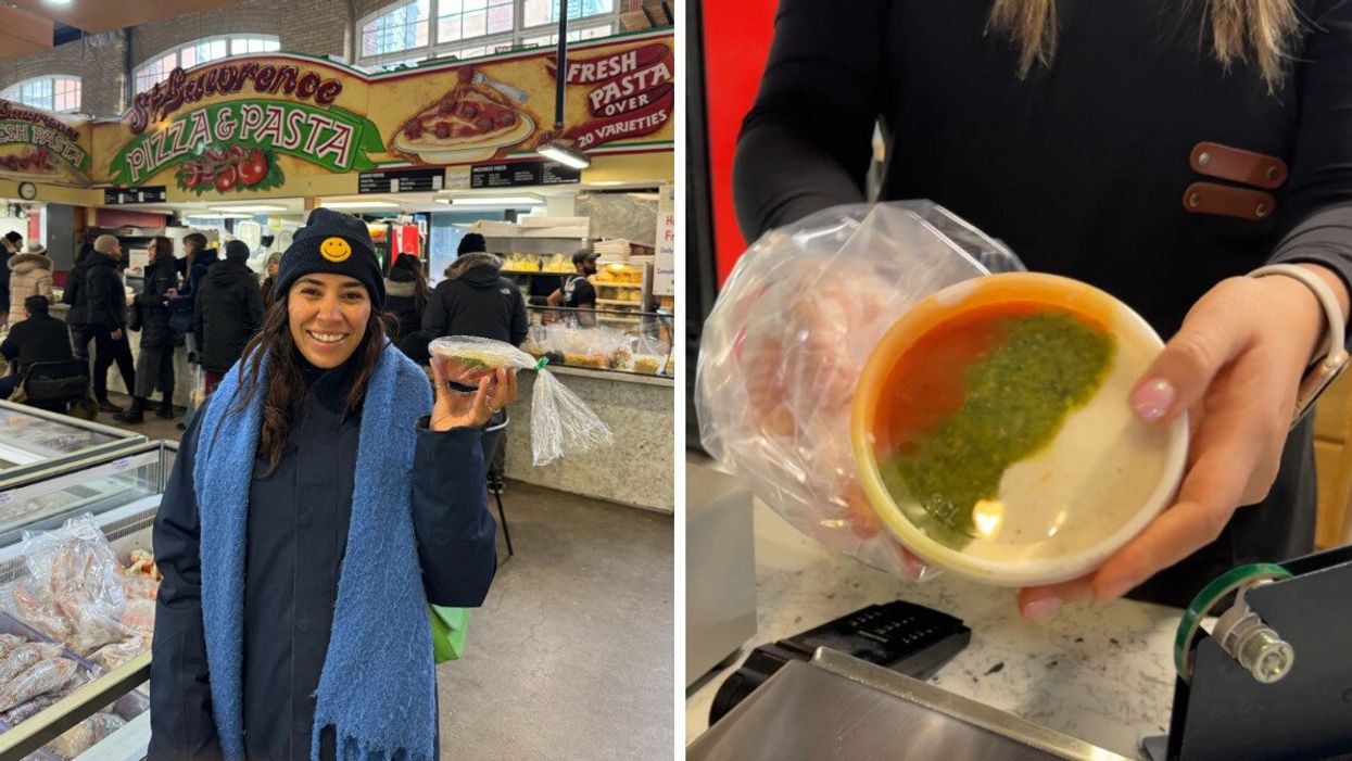 A person in a blue winter jacket and blue scarf holding pasta sauce. Right: Pasta sauce with tomato, pesto and Alfredo..