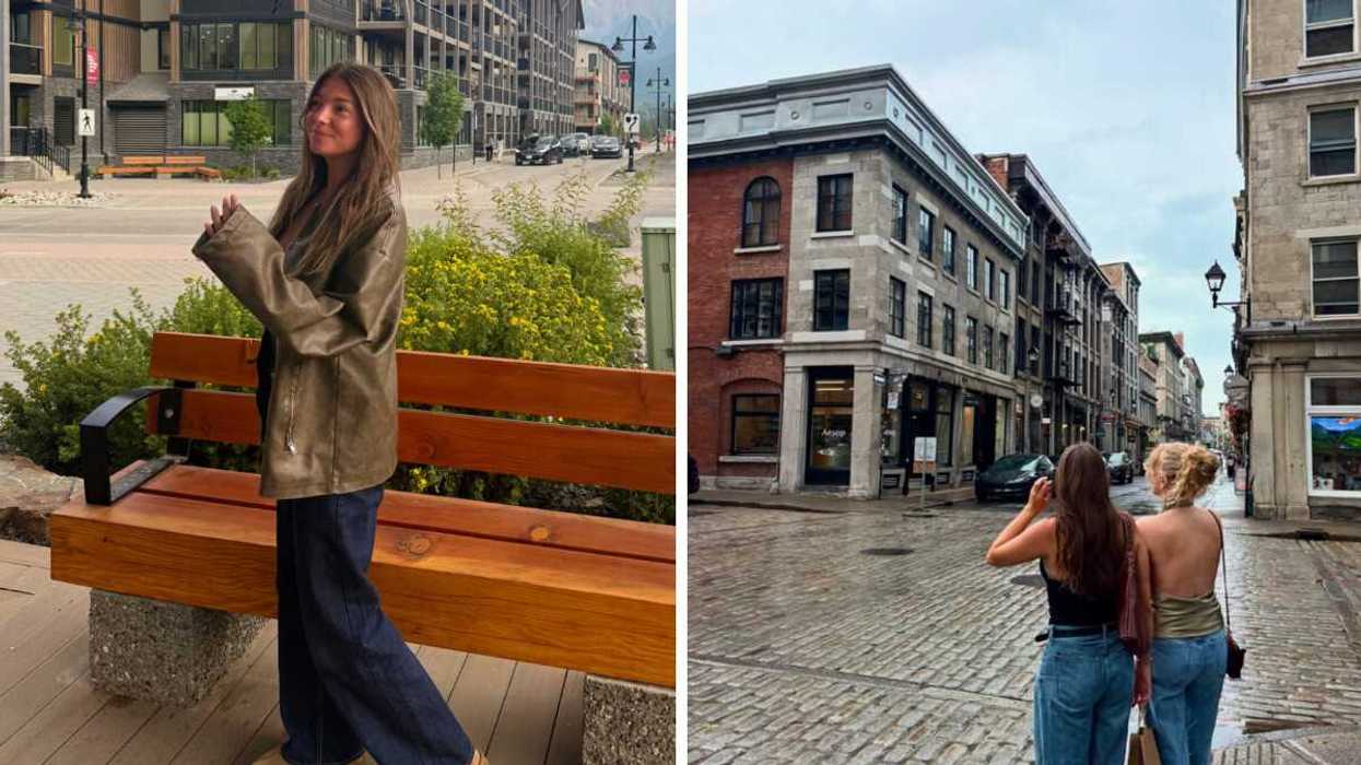 A person in a brown jacket on a street next to a bench. Right: Two people standing on a street corner of a city.