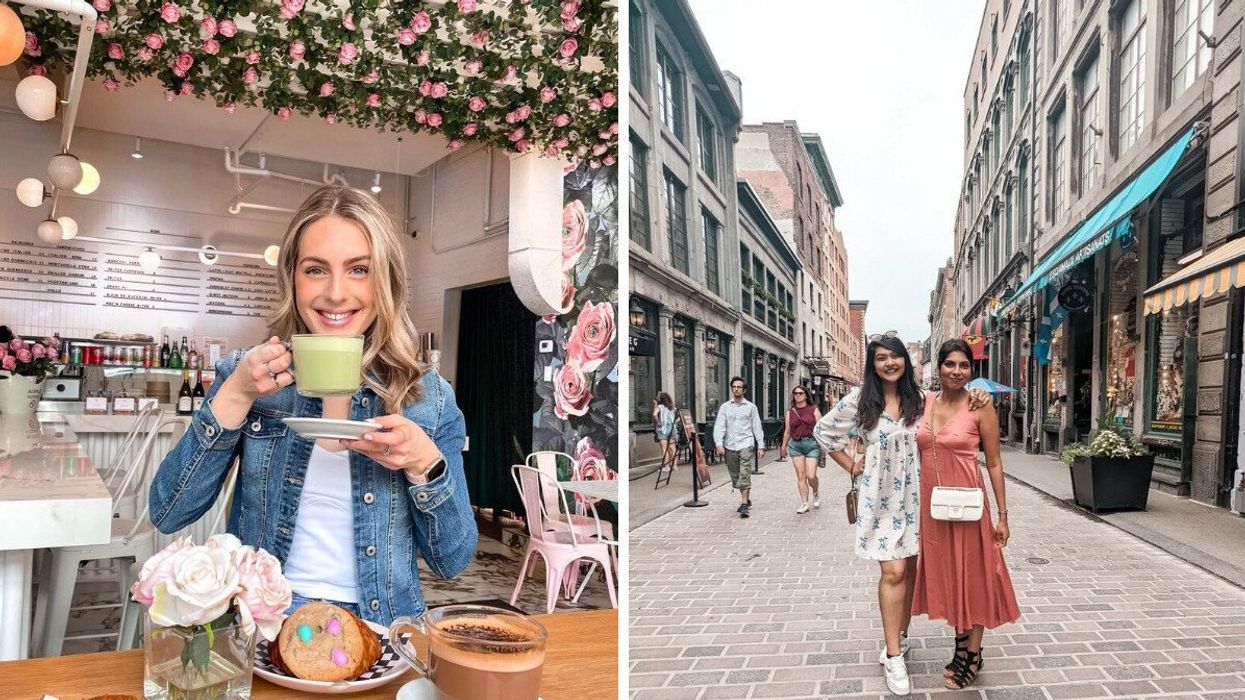 A person in a cafe with drinks and treats. Right: Two people standing on a historic street.