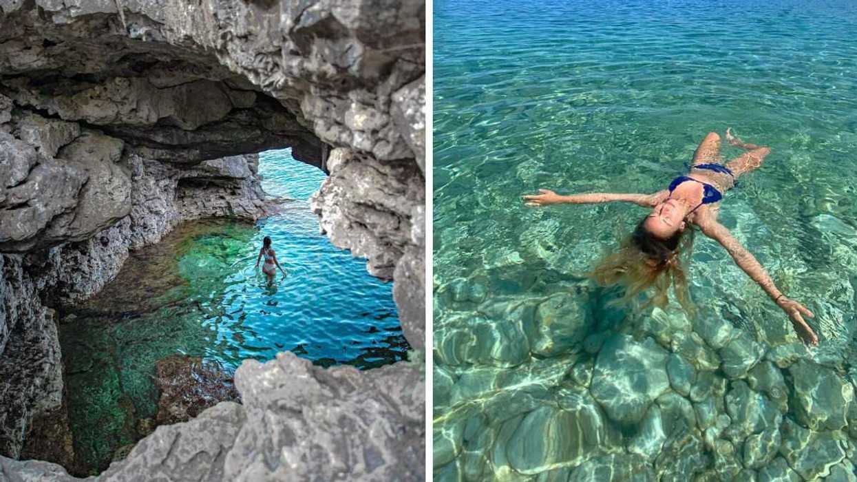 A person in a cave. Right: A person floating in clear waters.