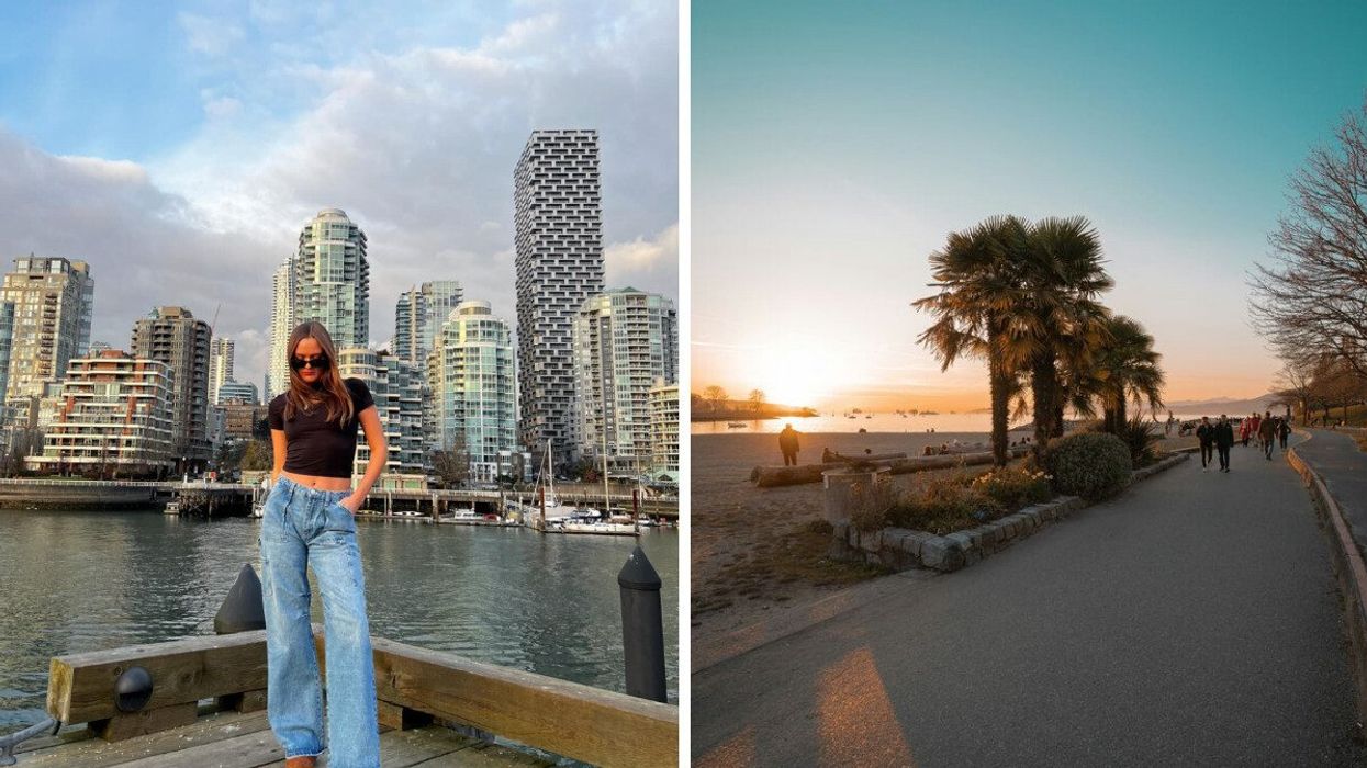 A person in a city by the water. Right: A city beach at sunset.