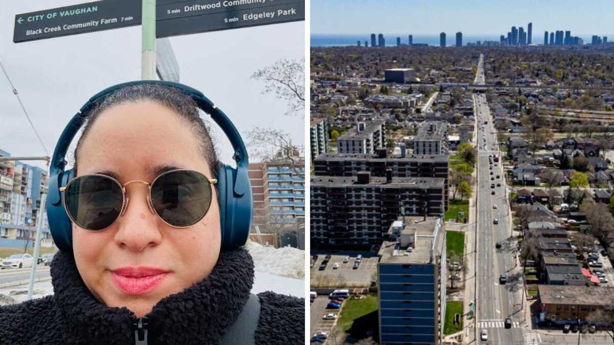 A person in a city in the winter. Right: Toronto.