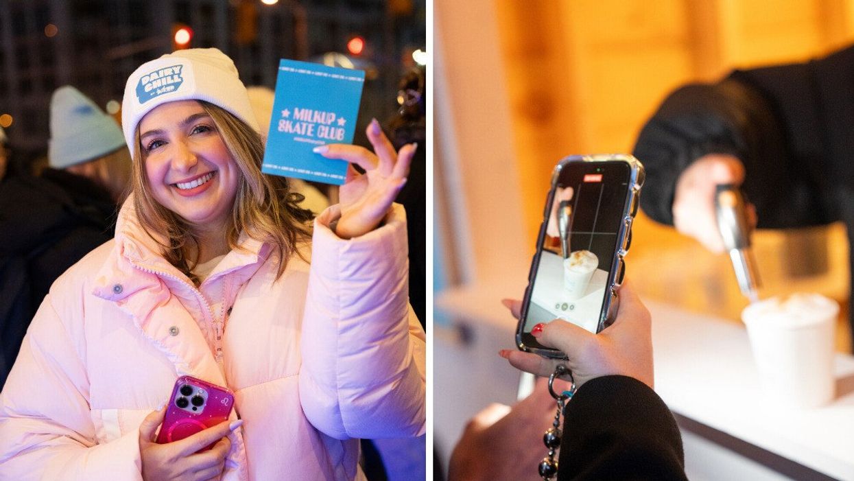 A person in a coat holds up a card that says " MilkUp Skate Club." Right: A person takes a photograph of a hot chocolate being prepared.