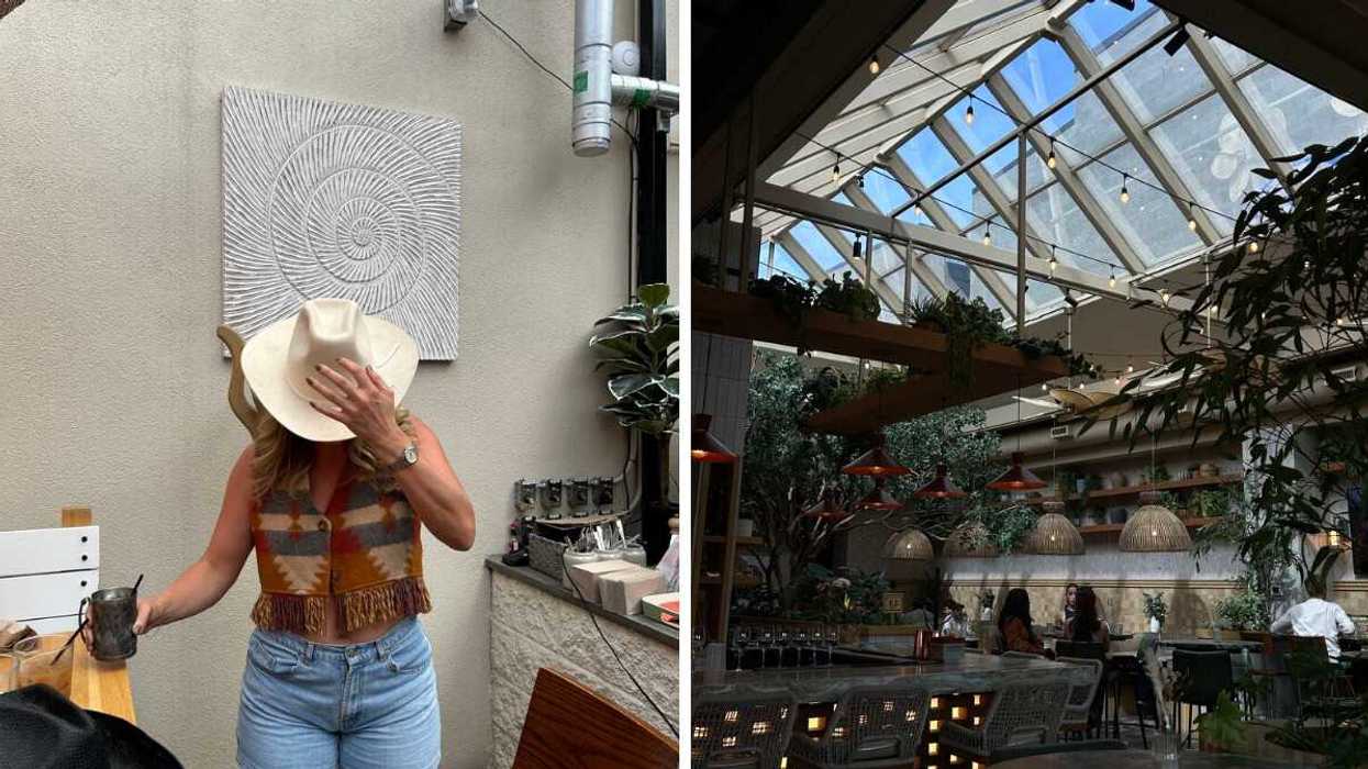 A person in a cowboy hat. Right: An interior of a restaurant.