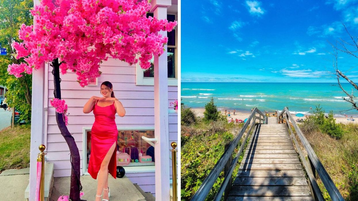 A person in a dress standing under a pink tree. Right: A boardwalk leading to a beach.