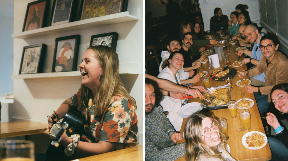 A person in a graphic shirt playing a guitar. Right: A group of friends sharing a meal around a long table.