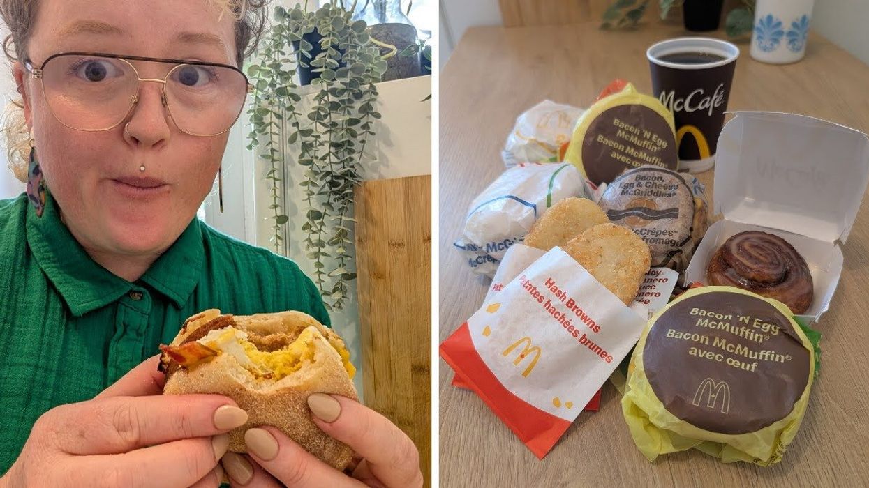 A person in a green shirt holding a McDonald's breakfast McMuffin, looking surprised with a mouthful. Right: Individual McDonald's breakfast items arranged on a counter top, including Hash Browns, McMuffins, coffee and cinnamon swirl pastry.
