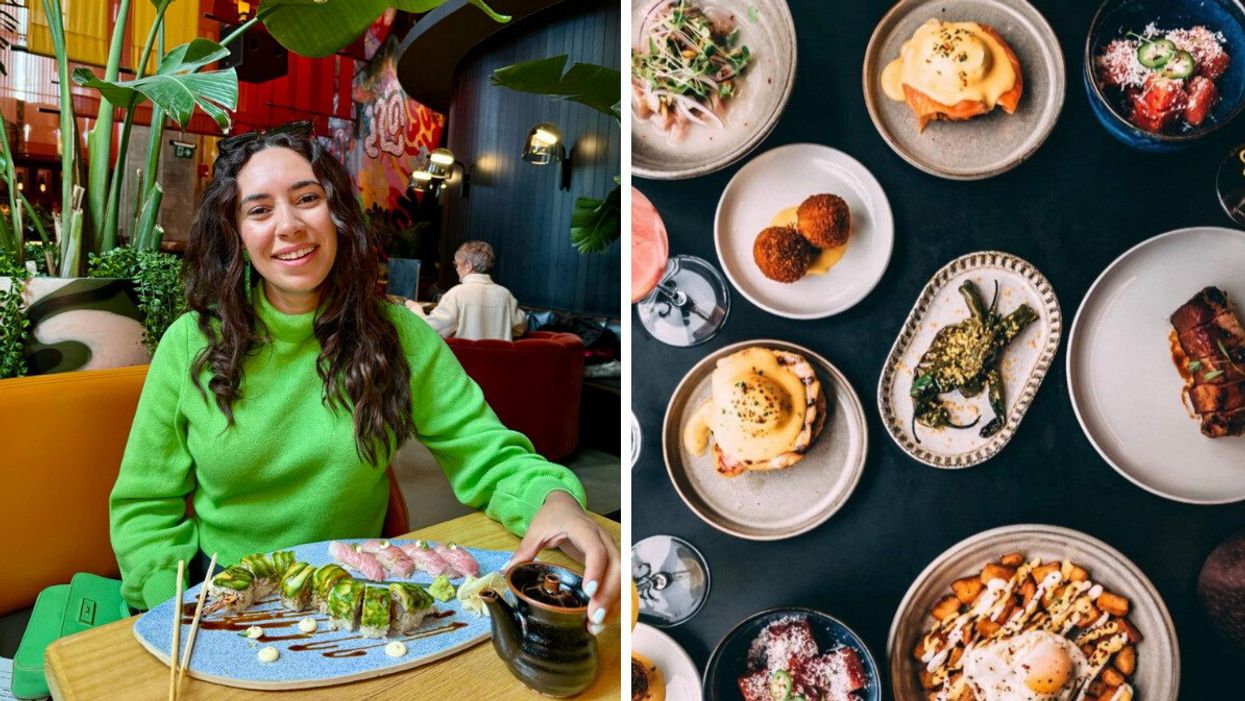 A person in a green sweater eating sushi. Right: A table spread with brunch items on it.