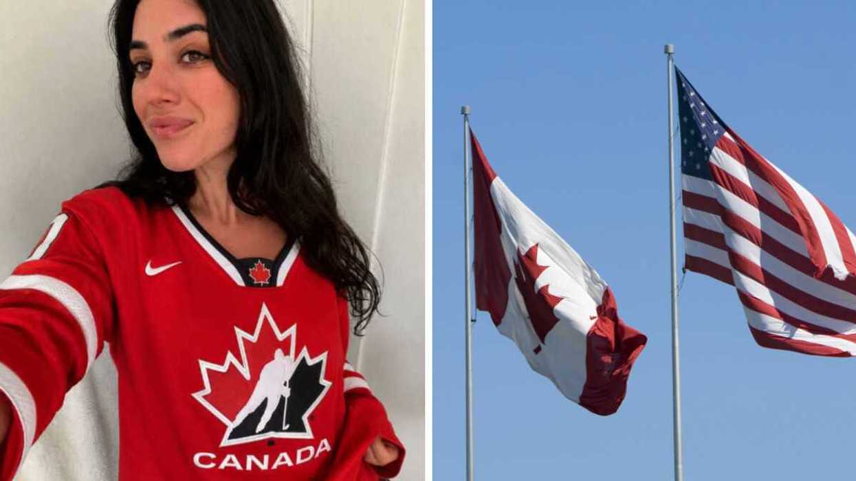 A person in a hockey jersey. Right: Canadian and American flags.