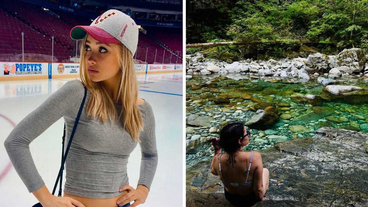 A person in a hockey rink. A person sitting by a river.