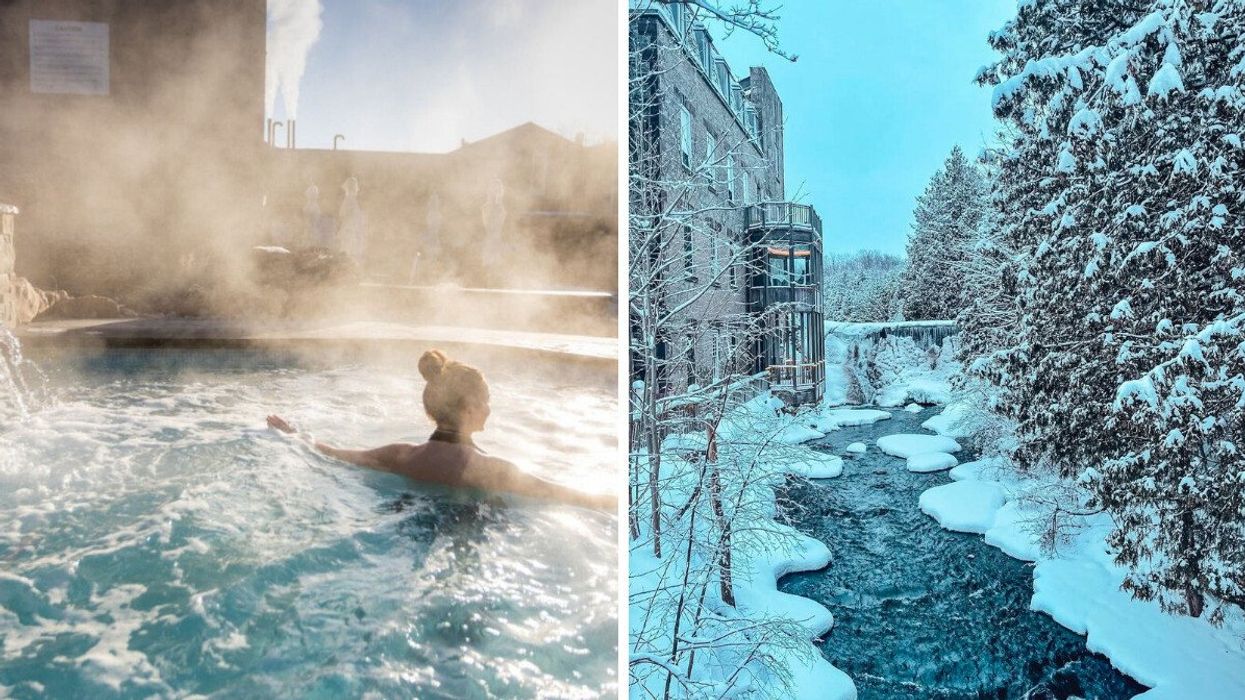 A person in a hot spring pool. Right: A snowy scene with a waterfall.