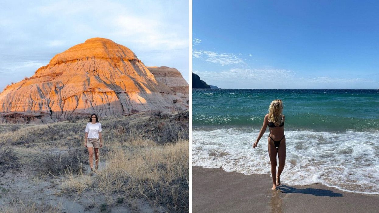 A person in a park in Canada. Right: A person walks on a beach in Canada.