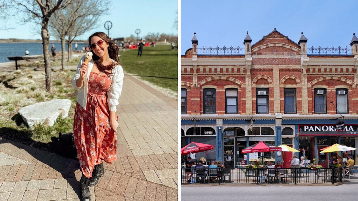 A person in a park with an ice cream cone. Right: A historic building.
