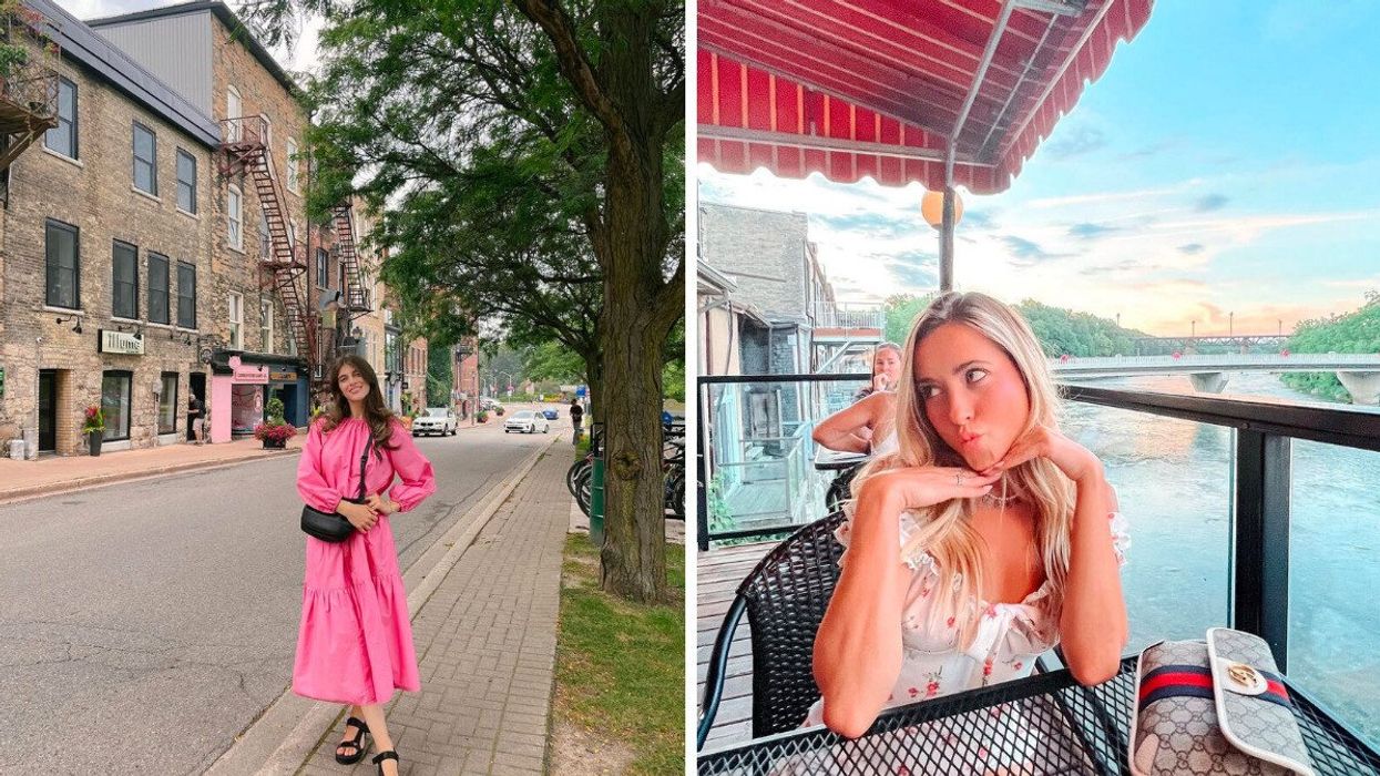 A person in a pink dress standing on a street. Right: A person sitting on a patio.