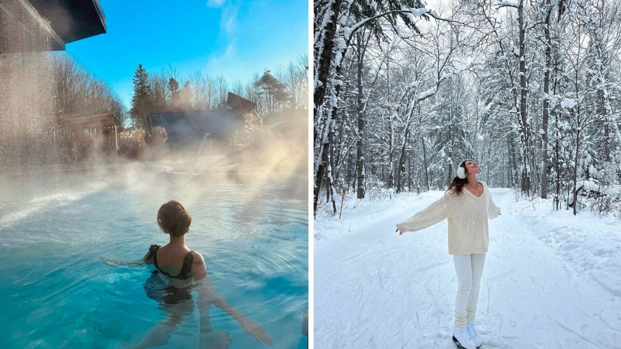A person in a pool of water. Right: A person on a snowy ice skating trail.