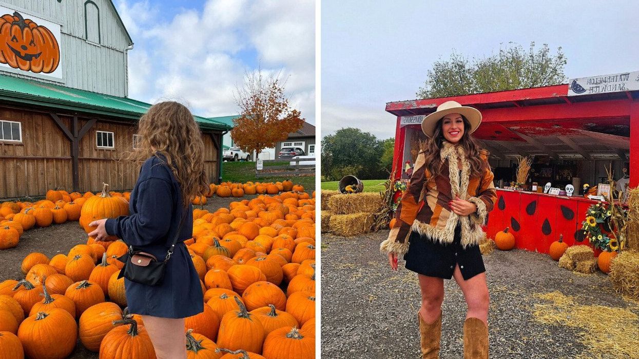 A person in a pumpkin patch. Right: A person at a farm.
