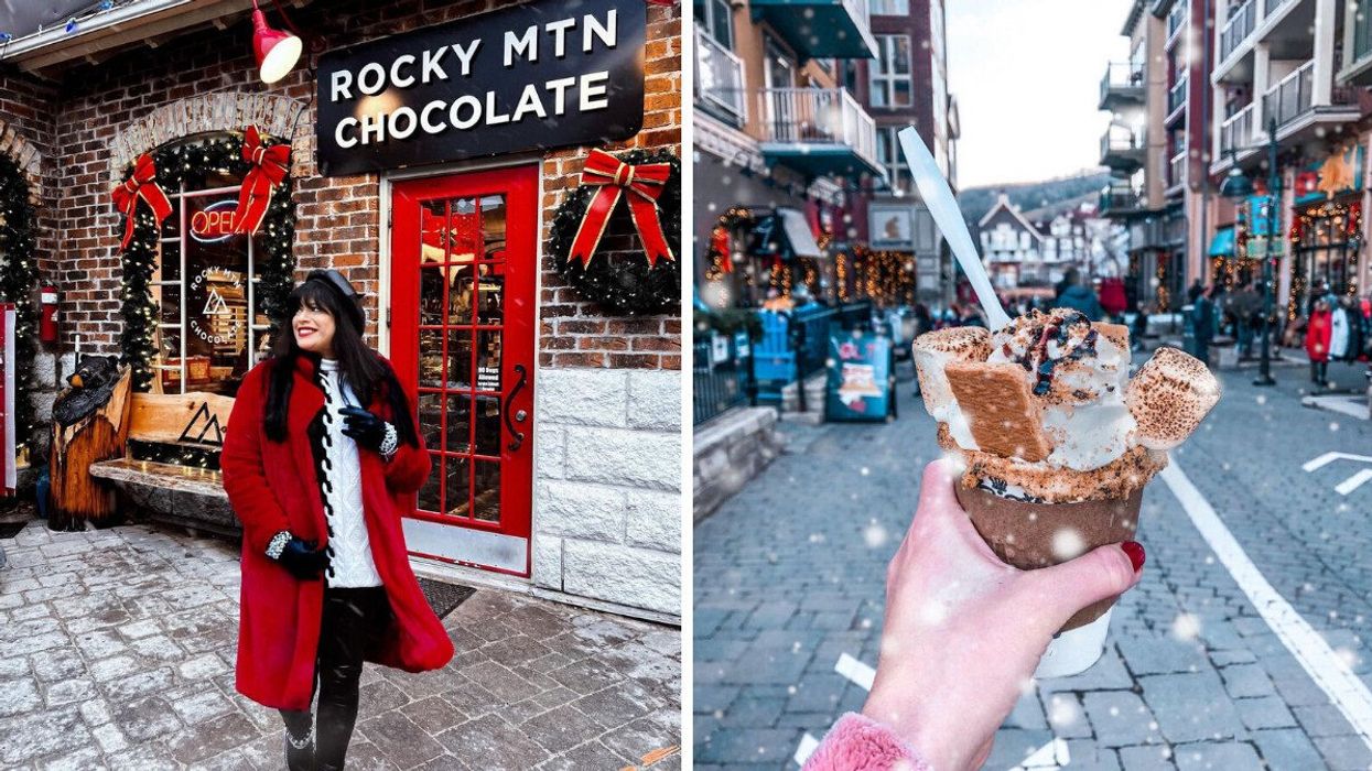 A person in a red coat by a store with Christmas decor. Right: A hand holding a hot chocolate.