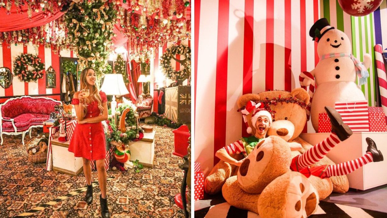 A person in a red dress holding a drink at a Christmas decorated event. Right: A person dressed as an elf sitting in a giant teddy bear.
