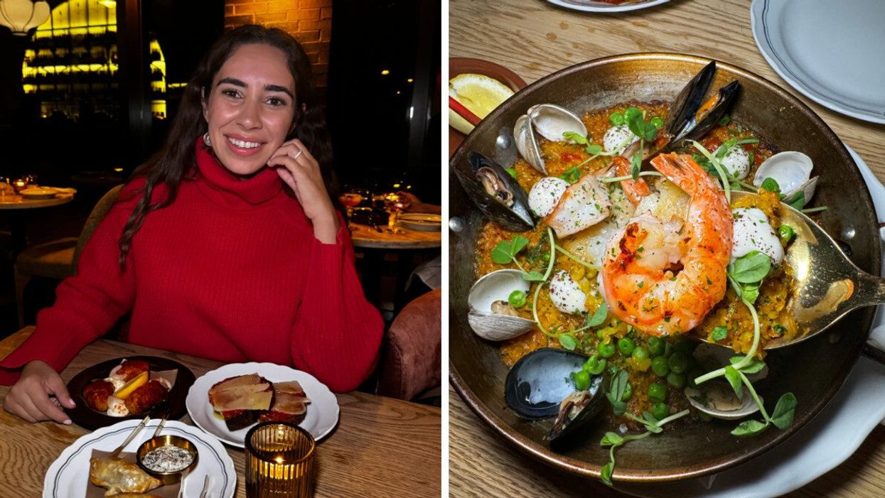 A person in a red sweater in a Spanish tapas restaurant with three dishes in front of her. Right: A seafood paella from a Spanish restaurant in Toronto.