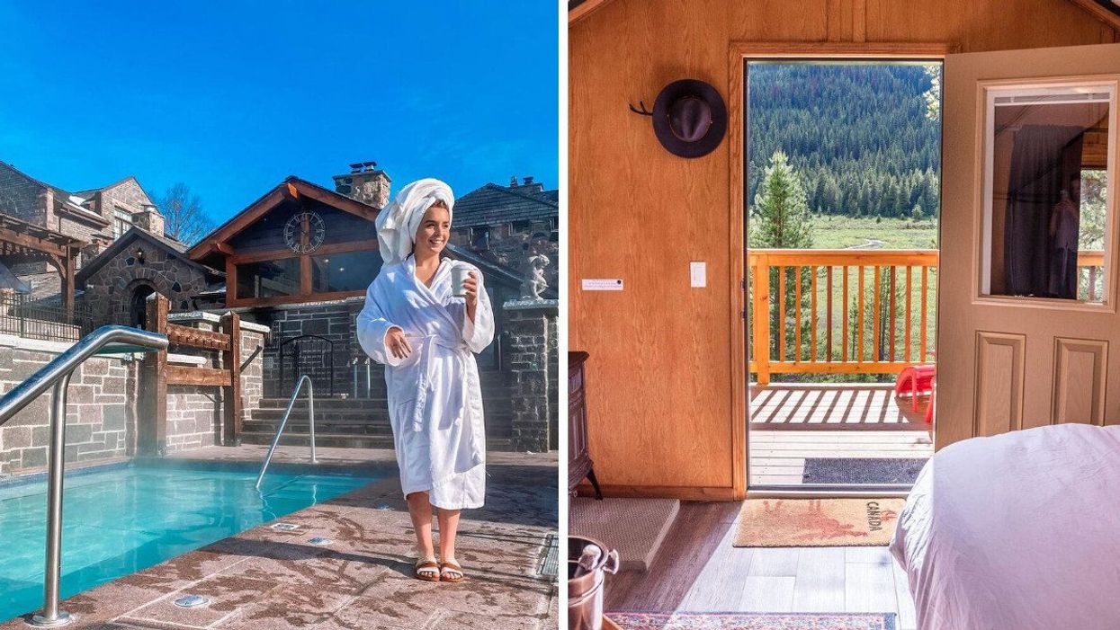 A person in a robe at a resort in Ontario. Right: An all-inclusive lodge in Alberta.
