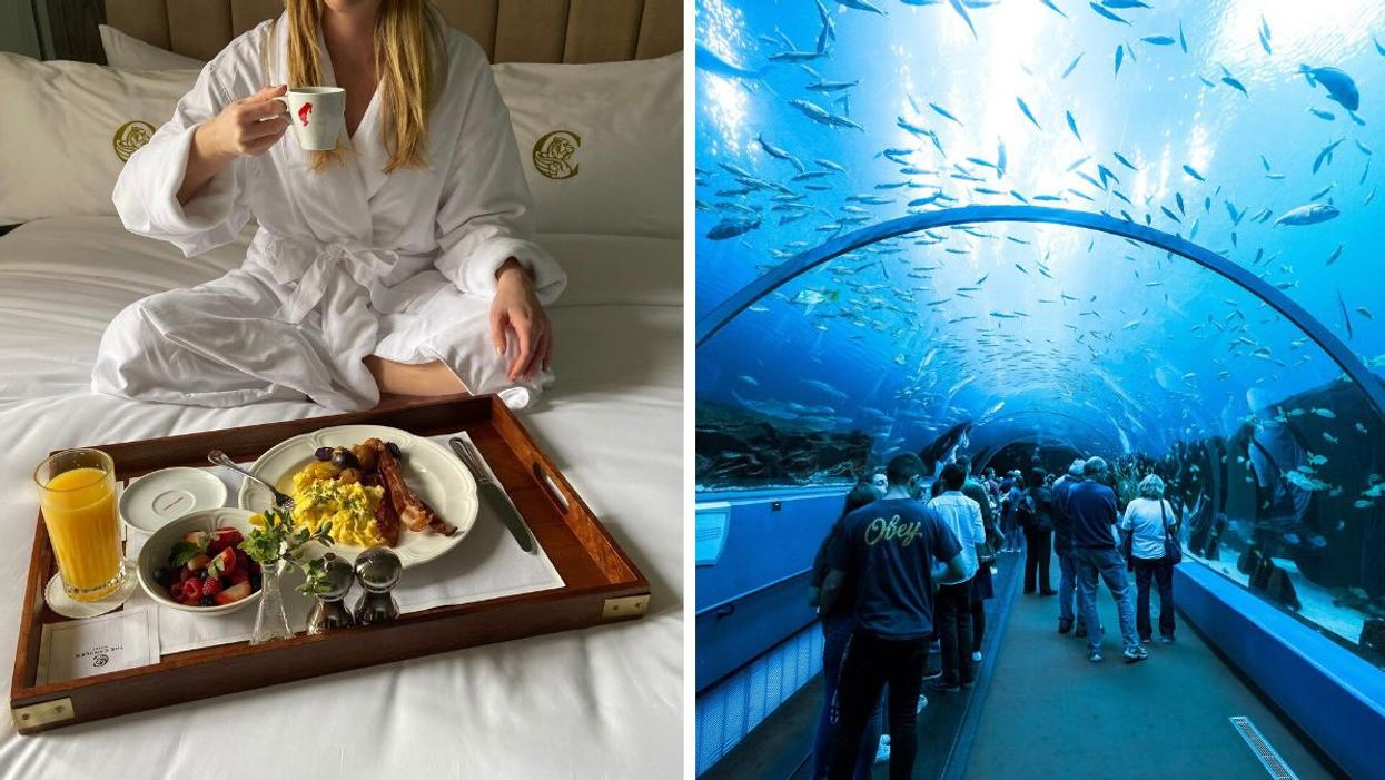 A person in a robe eats room service in bed. Right: The Ocean Voyager Exhibit at The Georgia Aquarium.
