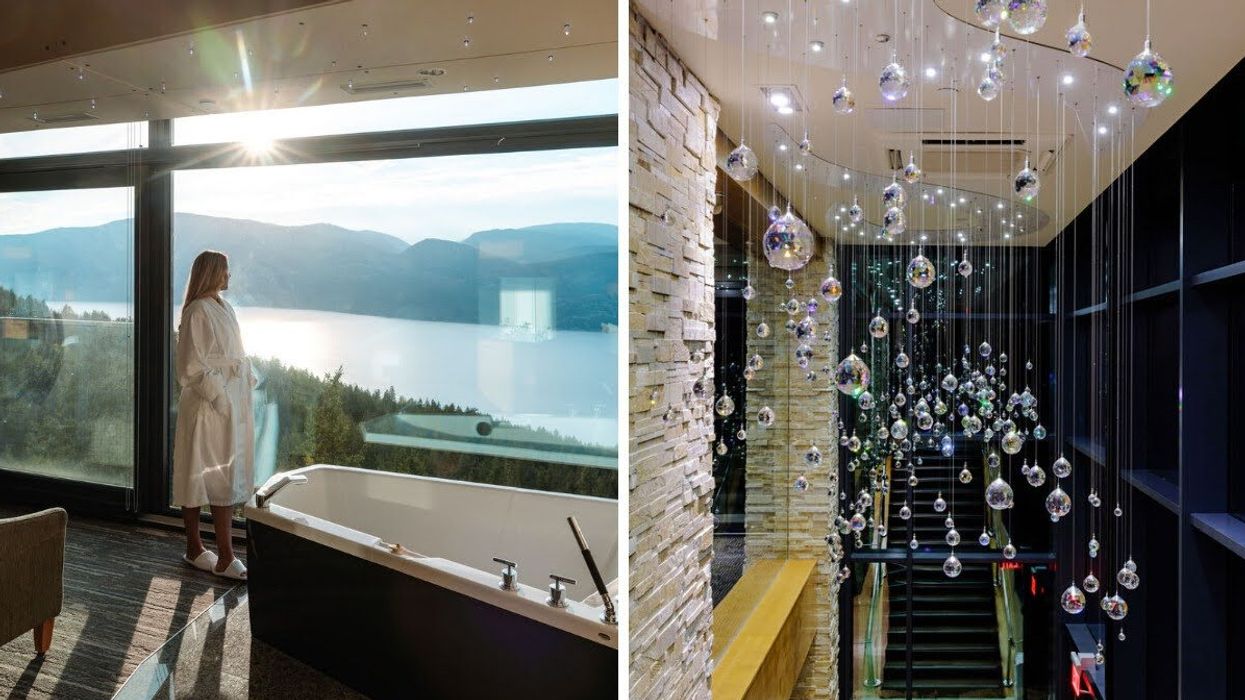 A person in a robe looks at Okanagan Lake through a hotel window. Right: Swarovski crystals hang from the ceiling.