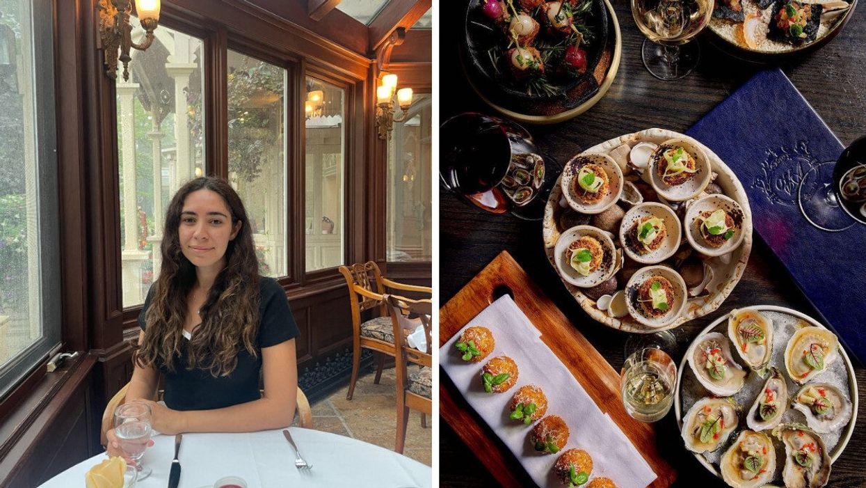 A person in a romantic restaurant in Ontario. Right: A table filled with drool-worthy dishes.