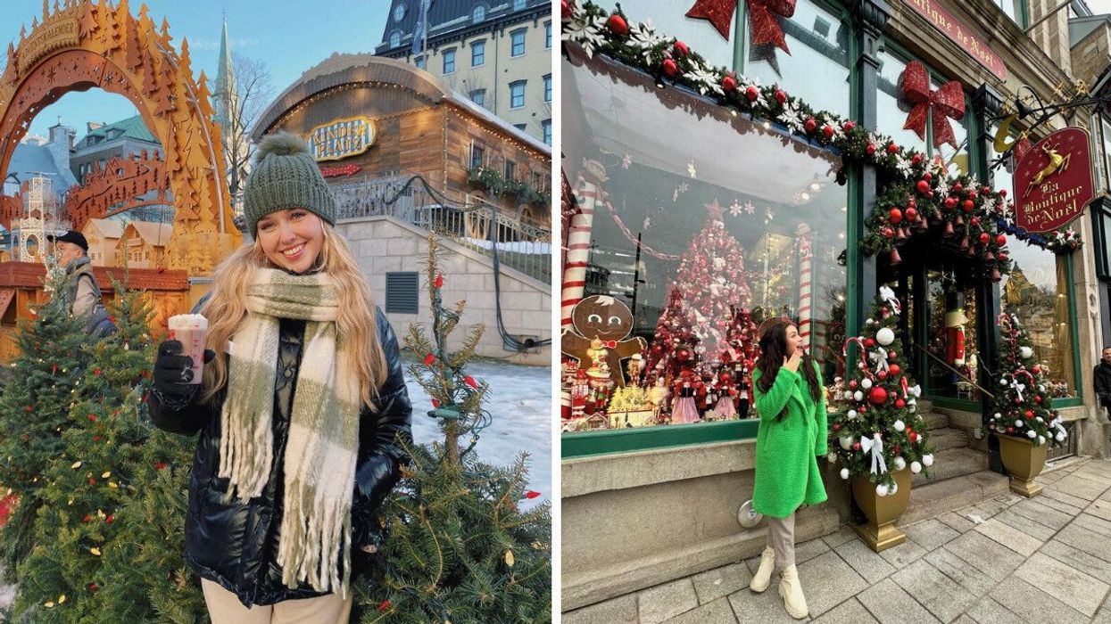 A person in a scarf standing by Christmas decor. Right: A person standing outside a Christmas store.