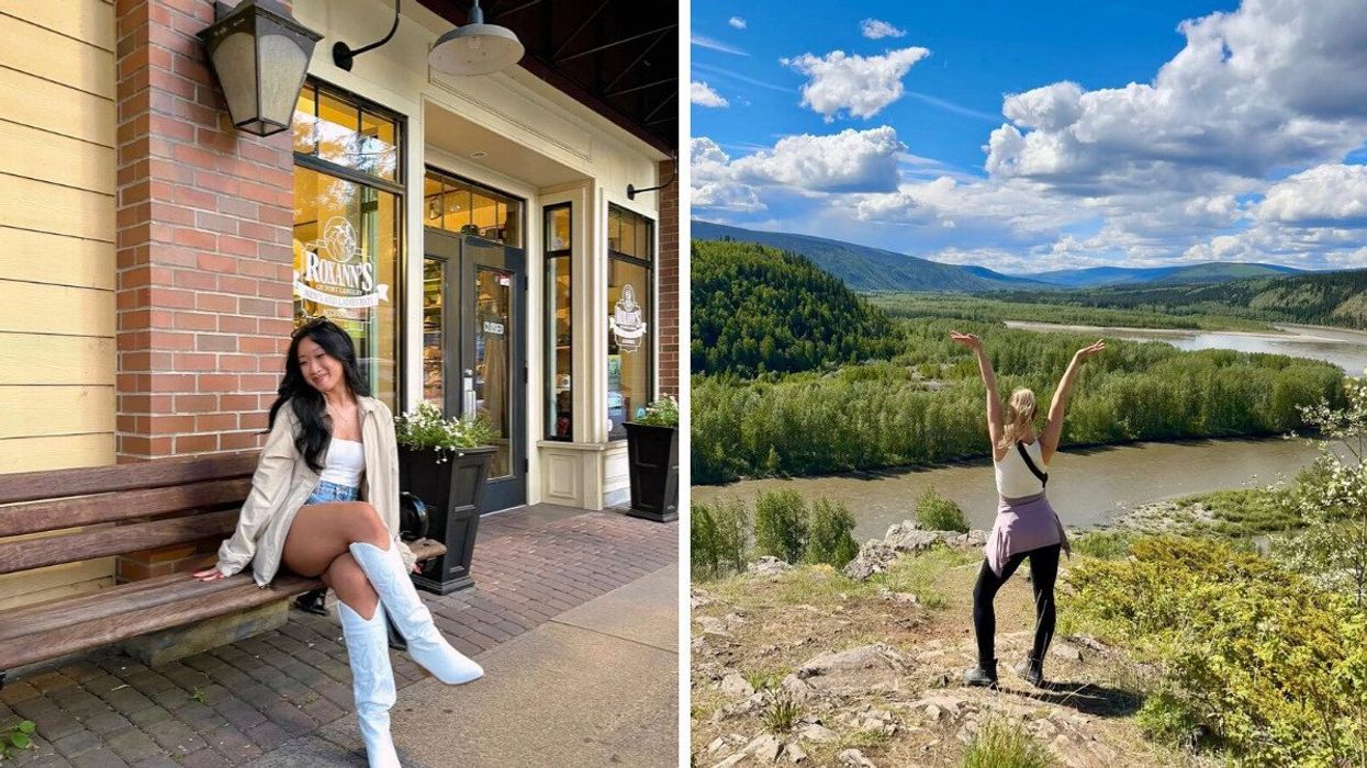 A person in a small town in Canada. Right: A person in stands in nature in a town in Canada.