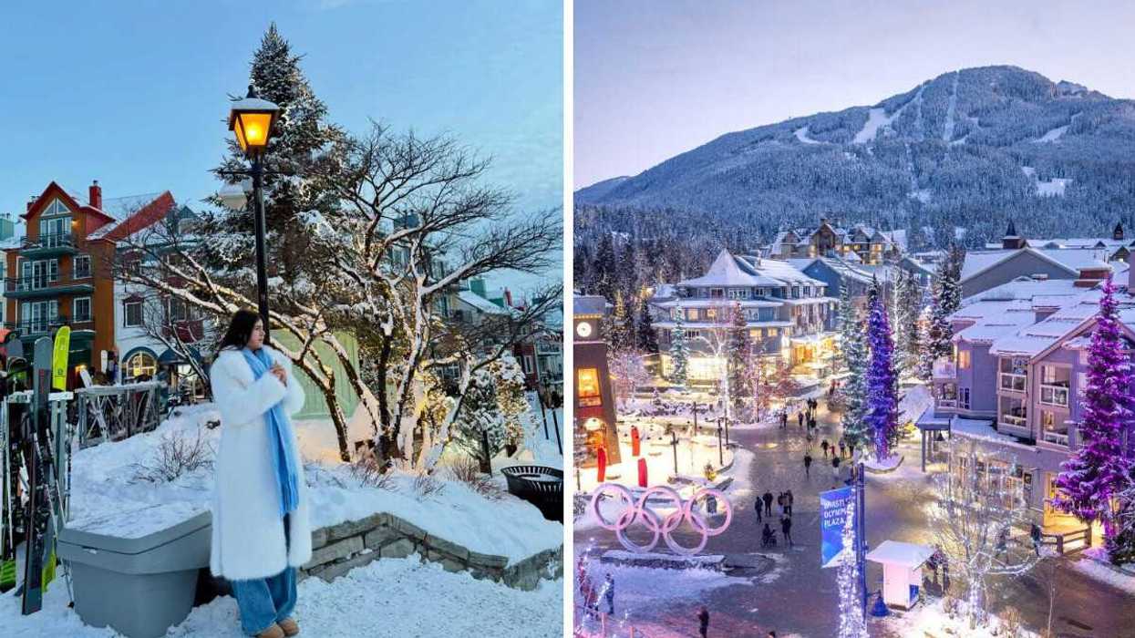 A person in a small town in Canada. Right: A village in Canada at Christmas. 